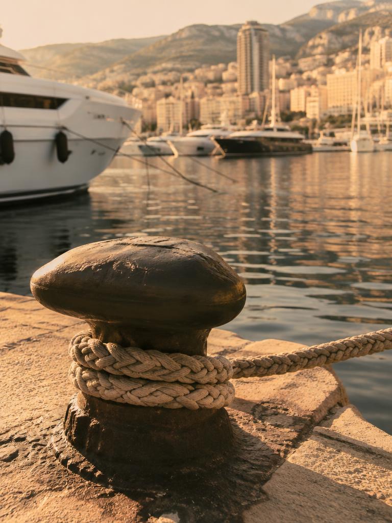 Harbour bollard and mooring rope in Monaco, late sun